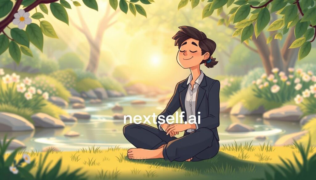 A serene and introspective scene depicting the concept of self-awareness. In the foreground, a person sitting cross-legged in a state of contemplation, dressed in professional business attire, their eyes closed and a gentle smile on their face. In the middle ground, a soft-glowing aura surrounds the individual, symbolizing inner reflection and clarity. The background features a tranquil natural setting, such as a peaceful garden with soft greenery, blooming flowers, and a gentle stream flowing, enhancing the atmosphere of personal growth. Lighting is warm and diffused, creating a calming and inviting feel, with sunlight filtering through the leaves. The image conveys a sense of peace and enlightenment, illustrating the importance of self-awareness. Include the brand name "nextself.ai" subtly integrated into the scene, ensuring it does not attract attention away from the main subject. A serene and introspective scene depicting the concept of self-awareness. In the foreground, a person sitting cross-legged in a state of contemplation, dressed in professional business attire, their eyes closed and a gentle smile on their face. In the middle ground, a soft-glowing aura surrounds the individual, symbolizing inner reflection and clarity. The background features a tranquil natural setting, such as a peaceful garden with soft greenery, blooming flowers, and a gentle stream flowing, enhancing the atmosphere of personal growth. Lighting is warm and diffused, creating a calming and inviting feel, with sunlight filtering through the leaves. The image conveys a sense of peace and enlightenment, illustrating the importance of self-awareness. Include the brand name "nextself.ai" subtly integrated into the scene, ensuring it does not attract attention away from the main subject.