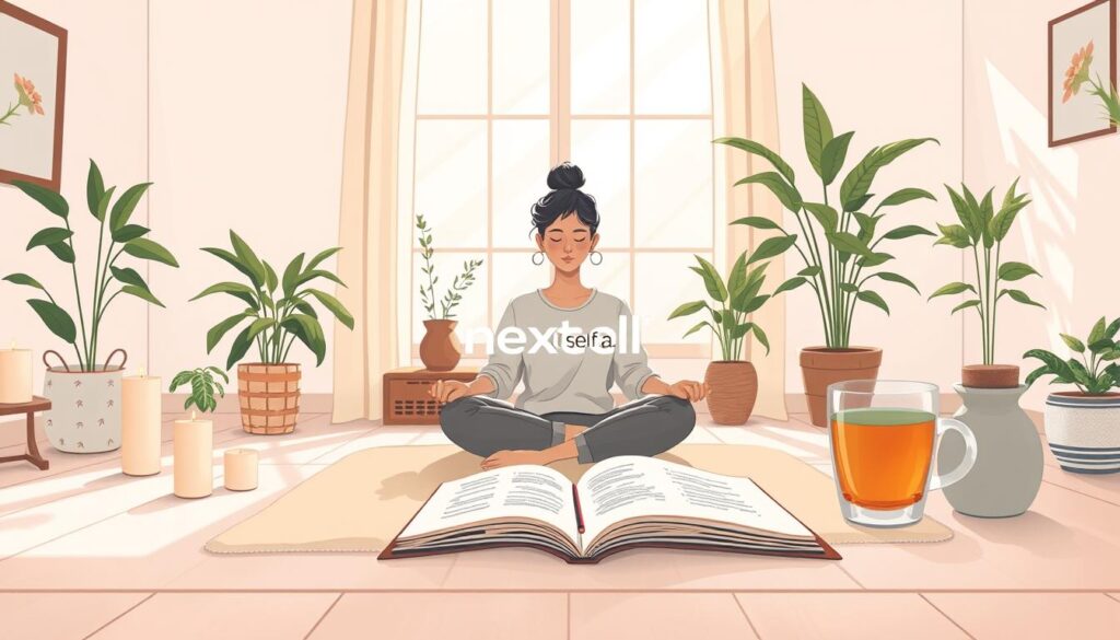 A quiet indoor space arranged for reflection, with a journal and warm light